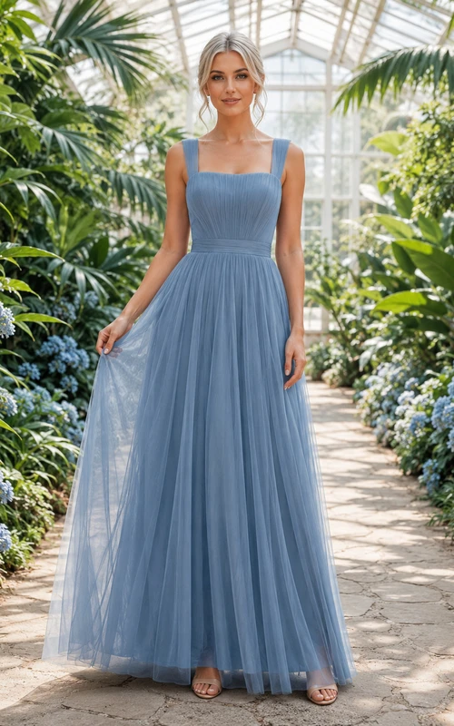Steel Blue Greenhouse A-Line Tulle Bridesmaid Dress with Sleeveless Square Neck Straps Bodice, Pleated Floor-Length Skirt and Strappy Zipper Back