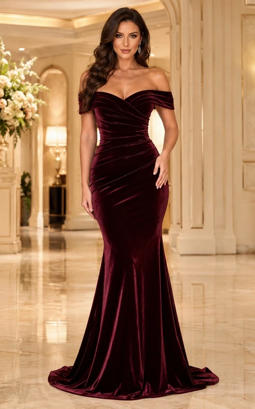 Burgundy Velvet Off-Shoulder Ruched Mermaid Sweep-Train Evening Dress