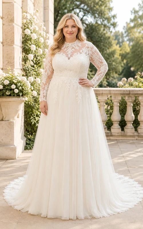 Robe de mariée grande taille à col montant en dentelle et coupe trapèze