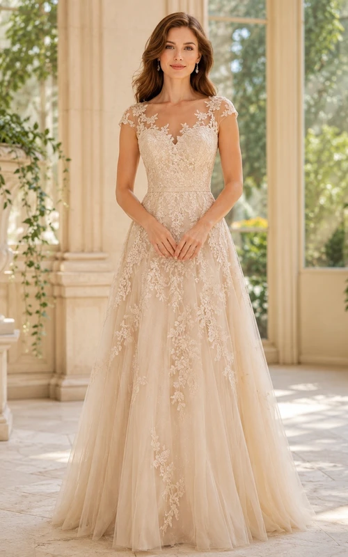 Champagne Lace Cap Sleeve A-Line Formal Gown Classic