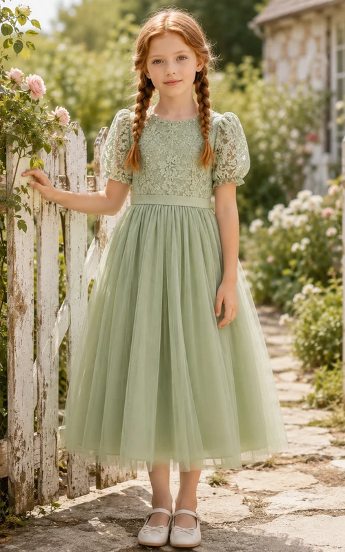 Blumenmädchenkleid aus salbeifarbenem Tüll in A-Linie mit Puffärmeln, Rundhalsausschnitt und Rüschenbesatz, wadenlang