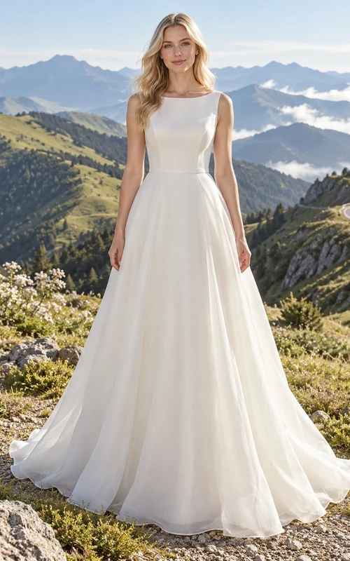 Schlichtes, elegantes, ärmelloses A-Linien-Brautkleid aus Organza mit Schleppe und U-Boot-Ausschnitt.