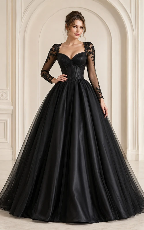 Lujoso vestido de noche largo hasta el suelo, negro, con escote corazón, encaje, satén y mangas largas.