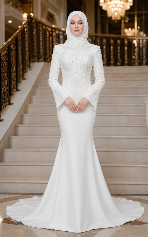 Robe de mariée sirène luxueuse à hijab et perles, style musulman, coupe escalier, style sirène.