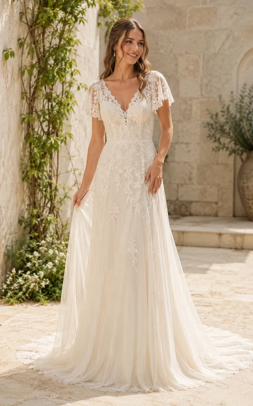 Robe de mariée trapèze en mousseline de soie à col en V et manches papillon, en dentelle, col en V et coupe trapèze