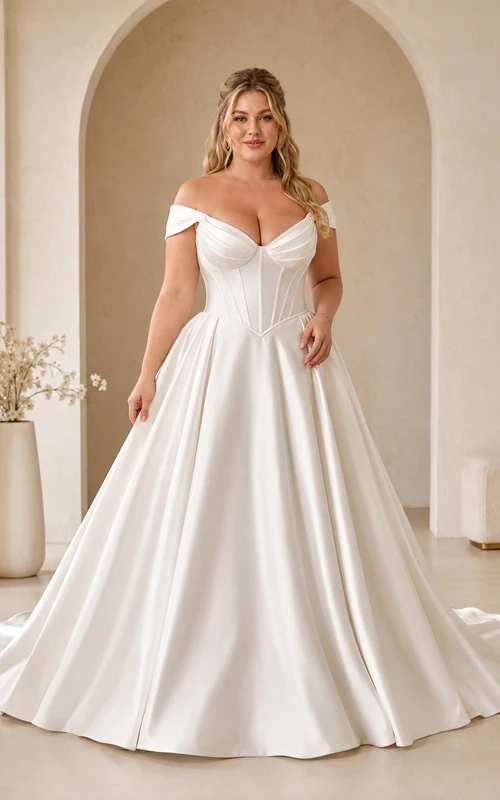 Vestido de novia de satén de manga corta con hombros descubiertos y cola larga.