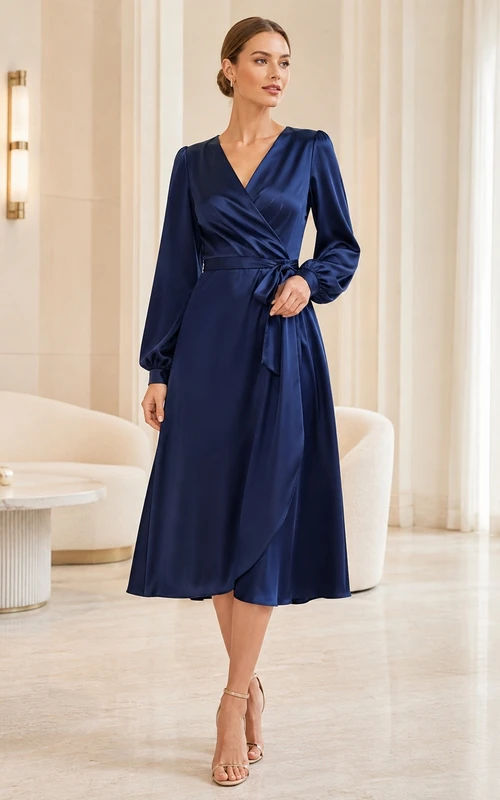 Robe midi trapèze en satin bleu marine à col V cache-cœur et manches longues