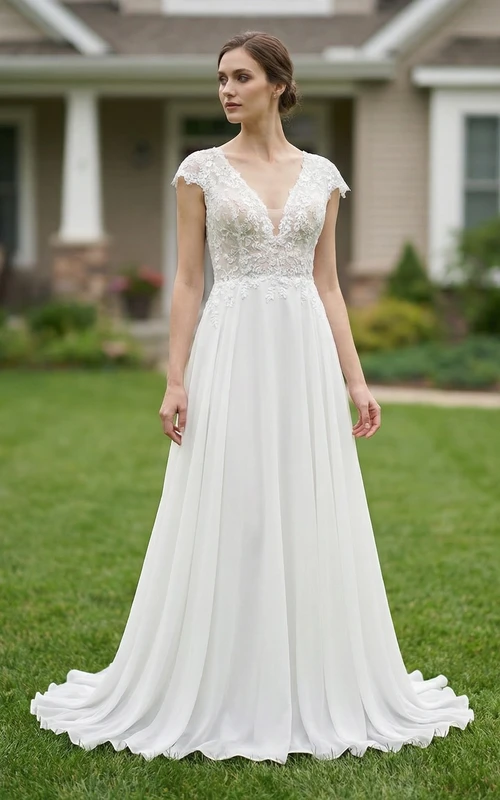 Brautkleid mit kurzen Ärmeln aus Spitze und Chiffon