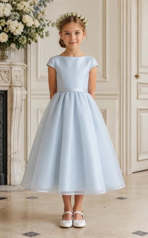 A-Linien-Blumenmädchenkleid aus Satin mit kurzen Ärmeln und Teelänge, hellblauem Satin und schlichtem U-Boot-Ausschnitt