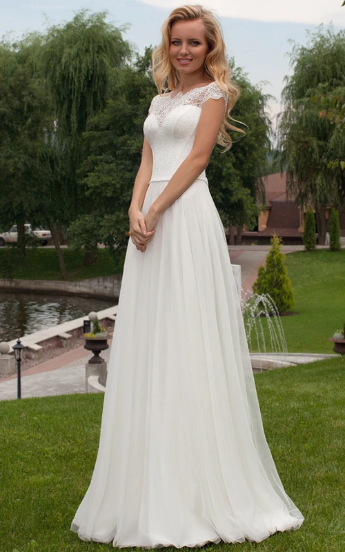 Langes, plissiertes Chiffon-Brautkleid mit U-Boot-Ausschnitt, Etuikleid, Spitze und Korsett-Rücken