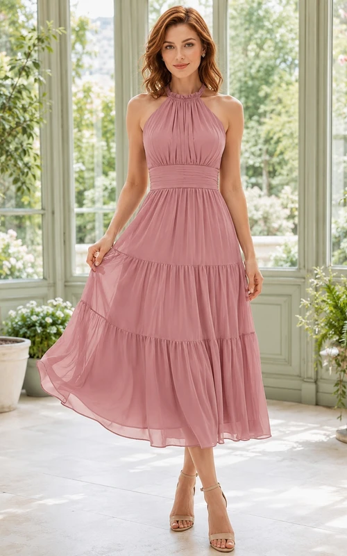 Dusty Rose Halter High Neck Tiered Chiffon Tea-Length A-Line Guest Dress