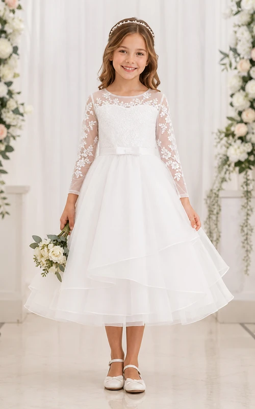 Weißes, teelanges A-Linien-Spitzenkleid mit langen Ärmeln und Schleife für Blumenmädchen.