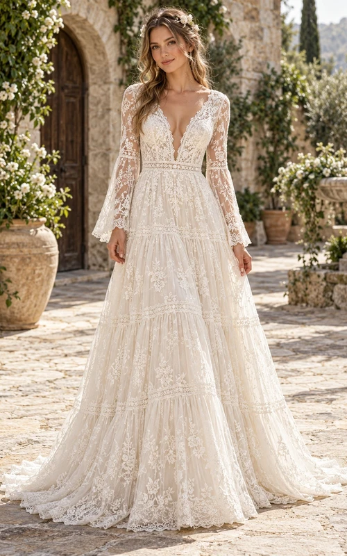 Boho Long Bell Sleeve V-Neck Banded Lace Wedding Dress