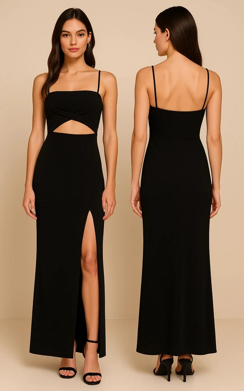 Vestido tubo negro de tirantes finos hasta los tobillos con escote en forma de ojo de cerradura