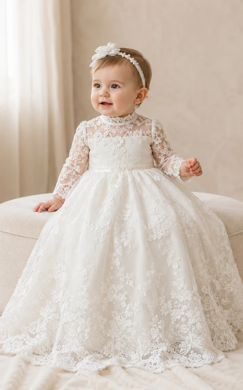 High Neck Christening Gown A-Line Lace Tulle Long Sleeve Button Back