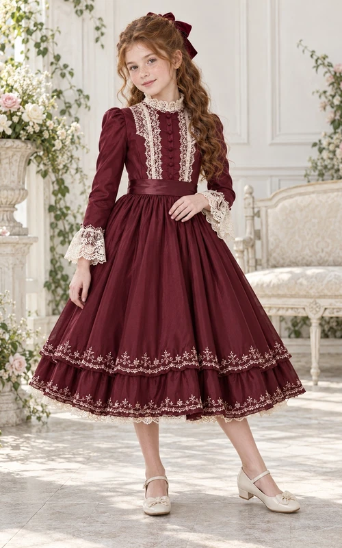 Teelanges, hochgeschlossenes, langärmeliges, burgunderrotes A-Linien-Kleid mit Spitzenmanschetten, Einsätzen und Rüschensaum – ein perfektes Blumenmädchenkleid