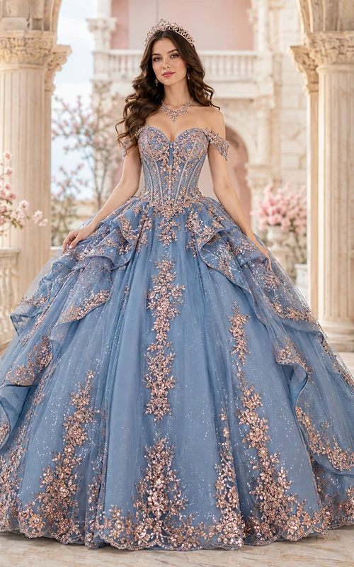 Vestido de princesa de quinceañera de lujo con hombros descubiertos y capas, color azul empolvado y oro rosa