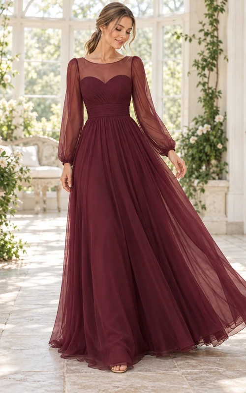 Long Sleeve Burgundy Sweetheart Illusion-Neck Tulle Ruched Flowing Floor-Length A-line Bridesmaid Dress