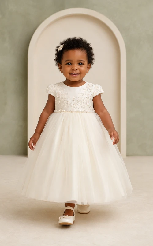 Robe de baptême pour bébé, bustier en dentelle, coupe trapèze, longueur thé, manches courtes, élégante, adorable et romantique, en tulle
