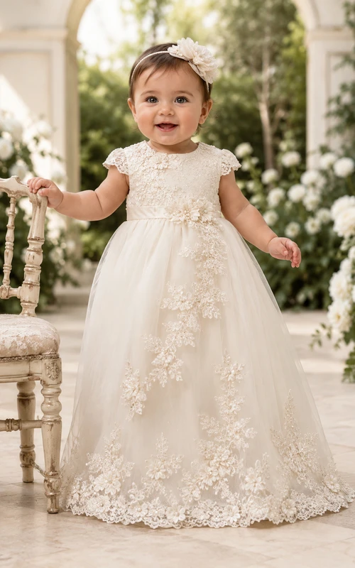 Floral Applique Christening Gown A-Line Tulle Lace Sleeveless Floor-Length