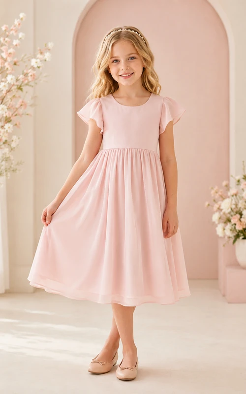 Flower Girl Dress A-Line Blushing Pink Sensory Friendly Soft Jersey Flutter Sleeve Simple
