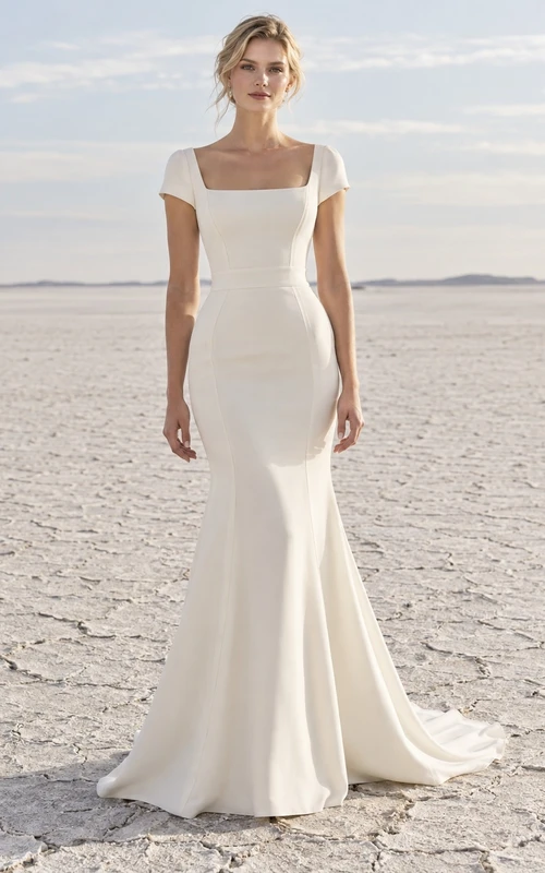 Vestido de novia sencillo de corte sirena con escote cuadrado, mangas cortas y corpiño liso de satén.