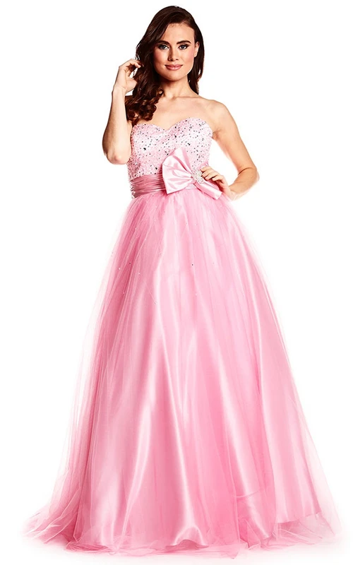 Robe de bal trapèze sans manches à sequins, décolleté cœur, en tulle et satin, longueur au sol, avec nœud.