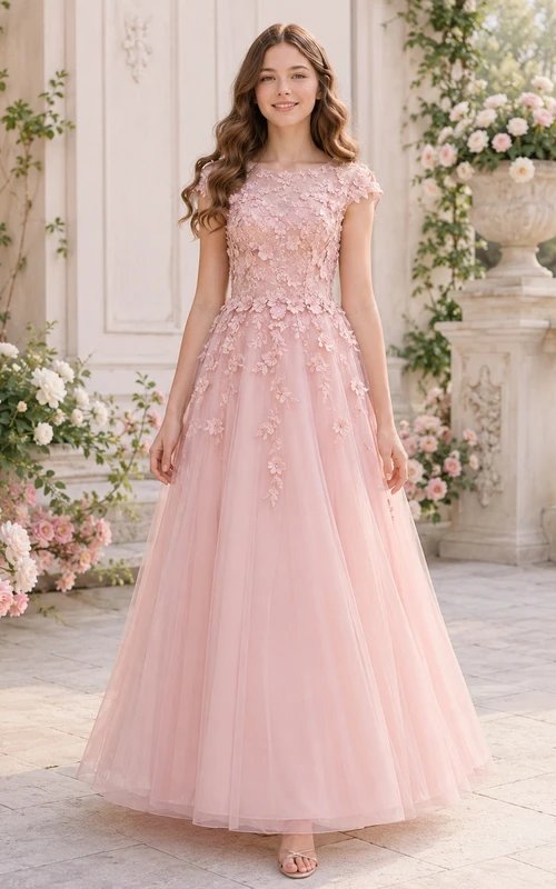 Vestido de dama de honor juvenil rosa ruborizado, corte en A, manga corta, aplique floral de tul con pétalos, estilo romántico.