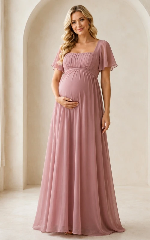 Altrosa Chiffon-Umstandskleid mit eckigem Ausschnitt, kurzen Ärmeln und Empire-Länge, bodenlang