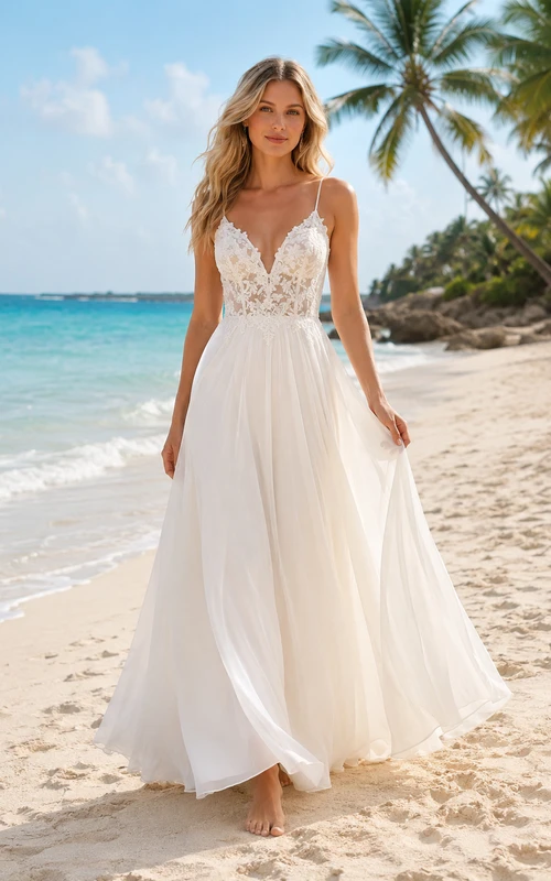 Vestido de novia de corte A con tirantes finos para la playa