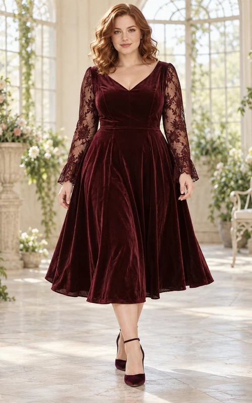 Vestido de dama de honor acampanado de terciopelo burdeos gótico vintage de manga larga hasta la rodilla con escote en V y encaje.