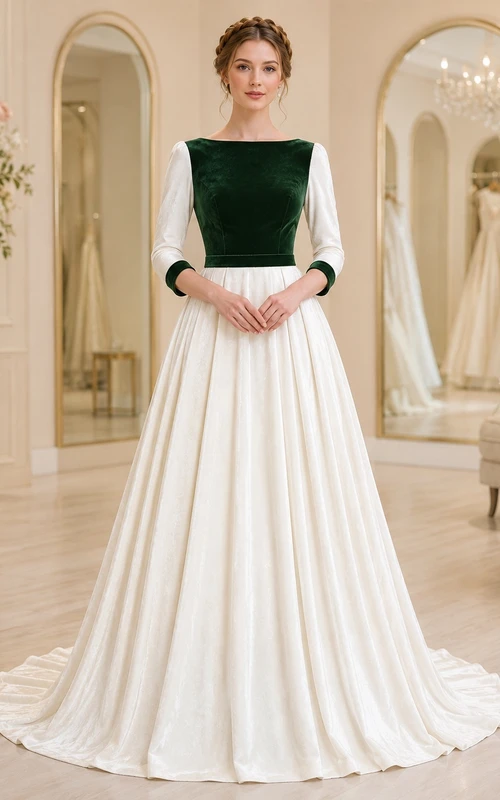 Elegantes Brautkleid aus smaragdgrünem Samt in A-Linie mit Schmucksteinen, langen Ärmeln und Schleppe