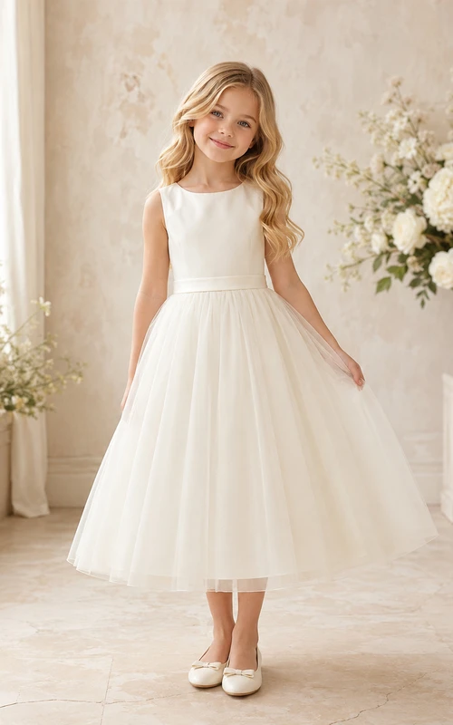 Vestido blanco sencillo de satén con corte en A para niña, sin mangas, escote redondo, largo hasta la rodilla.