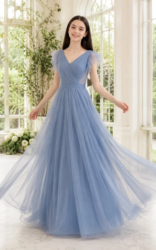 Stahlblaues Brautjungfernkleid für junge Damen, A-Linie, V-Ausschnitt, kurze Ärmel, Tüllschleife, romantisch