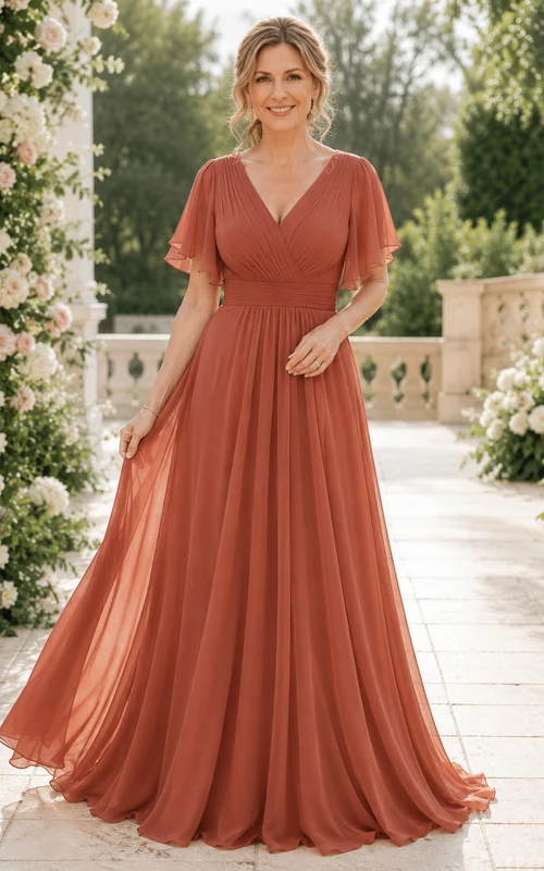 MOB Kleid aus Papaya-Chiffon, A-Linie, Kurzarm, V-Ausschnitt, bodenlang, plissiert