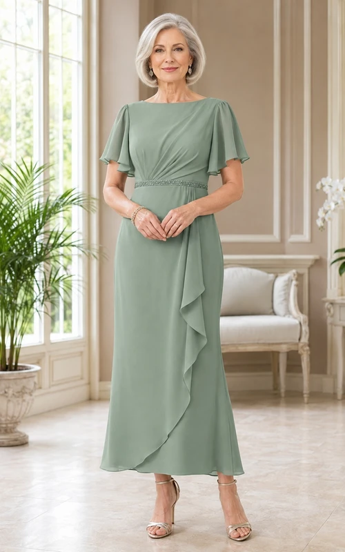 Salbeigrünes Chiffon-Kleid mit kurzen Ärmeln, V-Ausschnitt, drapierter A-Linien-Schnitt und Knöchellänge – perfekt für Mütter