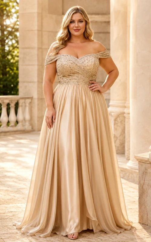 Elegante vestido de talla grande color champán con escote Bardot, mangas cortas y encaje de gasa, corte en A.