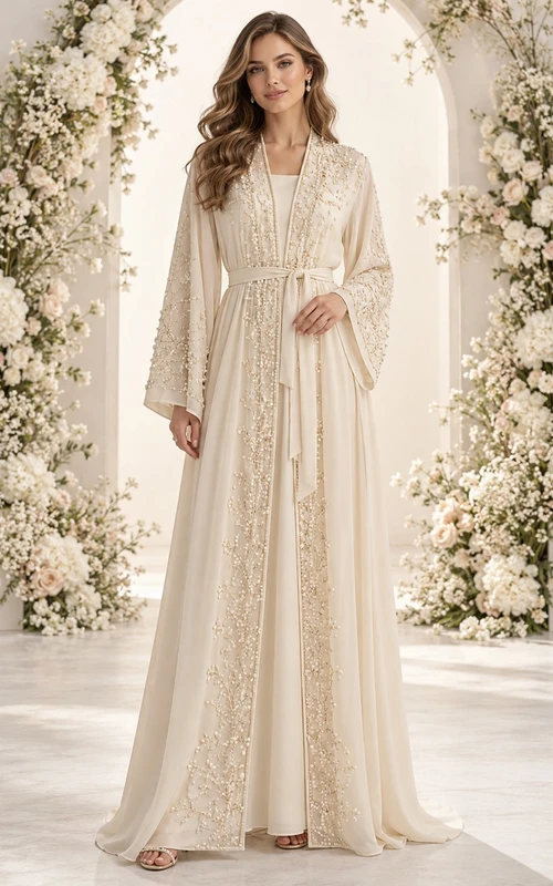 Modest Long Sleeve Ivory Embroidered Belted Flowing Engagement Abaya Dress
