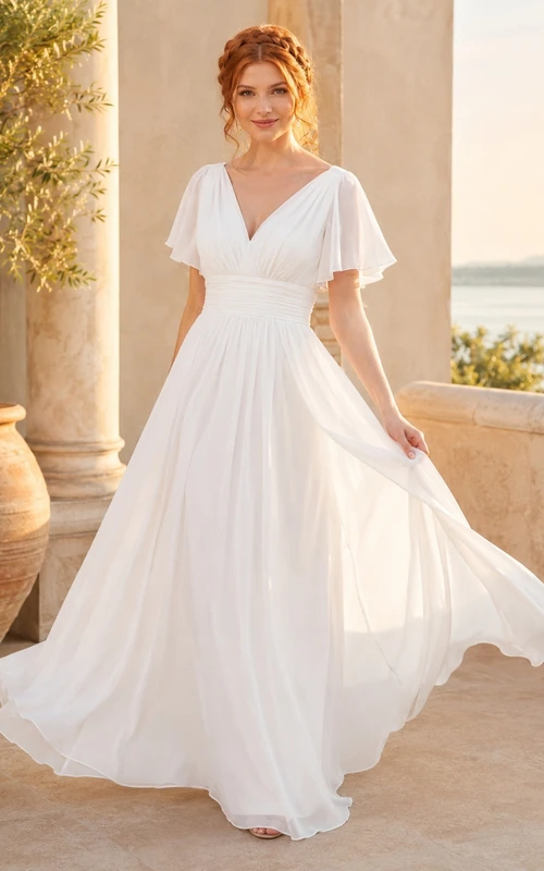Simple Chiffon A-Line V-Neck Flutter Sleeve Floor-Length Wedding Dress