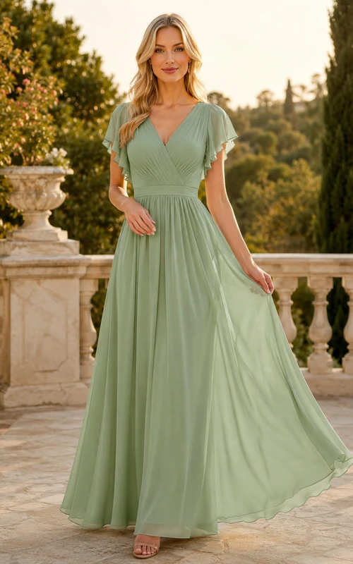 Salbeigrünes Chiffonkleid mit V-Ausschnitt und flatternden Ärmeln