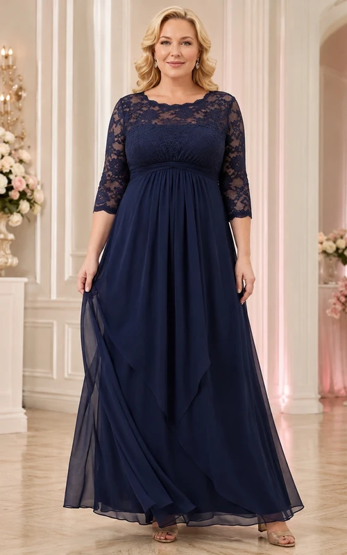 Dark Navy Lace Bateau Three-Quarter Sleeve Empire A-Line Plus Size Formal Dress