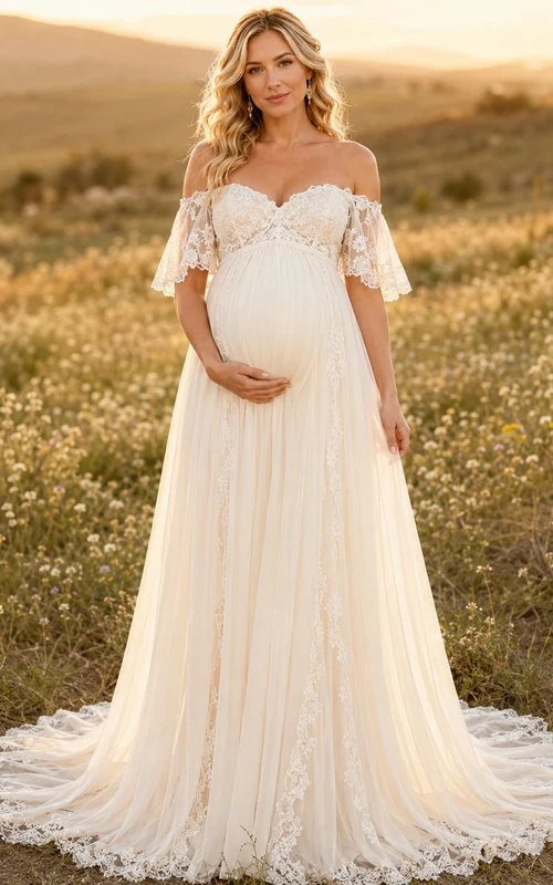 Maternity Wedding Dress Off Shoulder Flutter Sleeve Lace Tulle Country Gown with Train