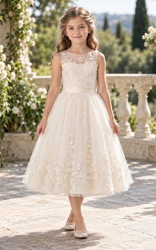Modest Tea-length Ivory Sleeveless Floral Hem Illusion Lace Tulle Flower Girl Dress