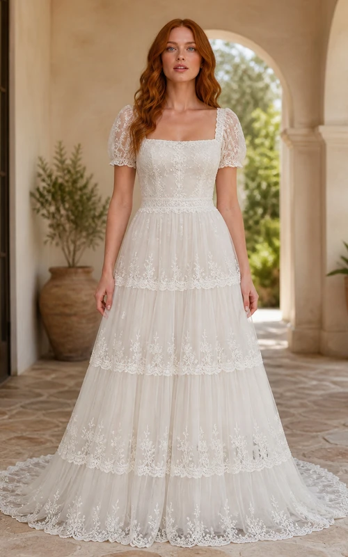 Vestido de novia vintage de manga corta, corte A, escote cuadrado, volantes y encaje de ganchillo con cola capilla