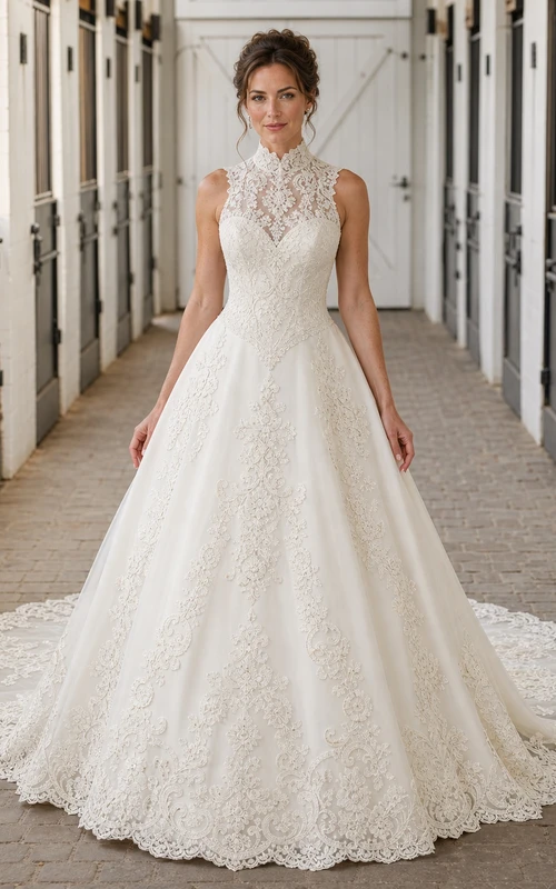 Vestido de novia modesto sin mangas, corte A, cuello halter alto, encaje y cola catedral.