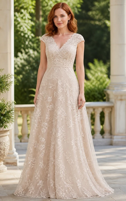 Vestido de novia modesto de corte A, escote en V, mangas cortas y encaje, largo hasta el suelo