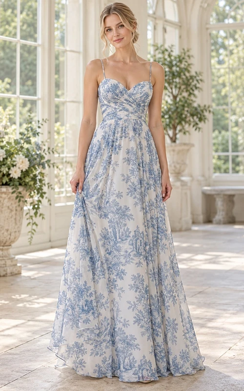Himmelblaues Chiffon-Brautjungfernkleid mit floralem Toile-Muster, eckigem Ausschnitt, Spaghettiträgern und bodenlanger Länge