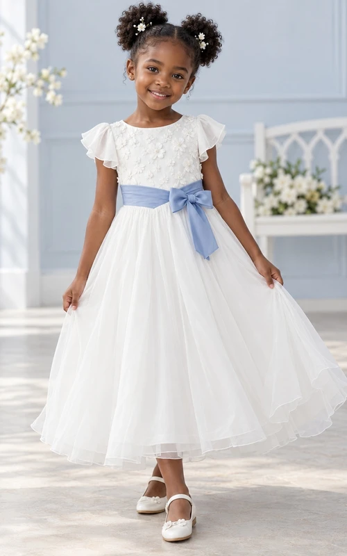 Vestido de niña de flores blanco, sencillo, de corte A, con tul, mangas con volantes y largo hasta los tobillos, con fajín azul.