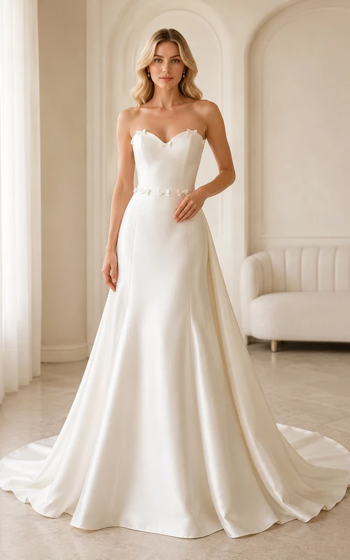 Vestido de novia palabra de honor de satén corte A con cintura adornada con cuentas