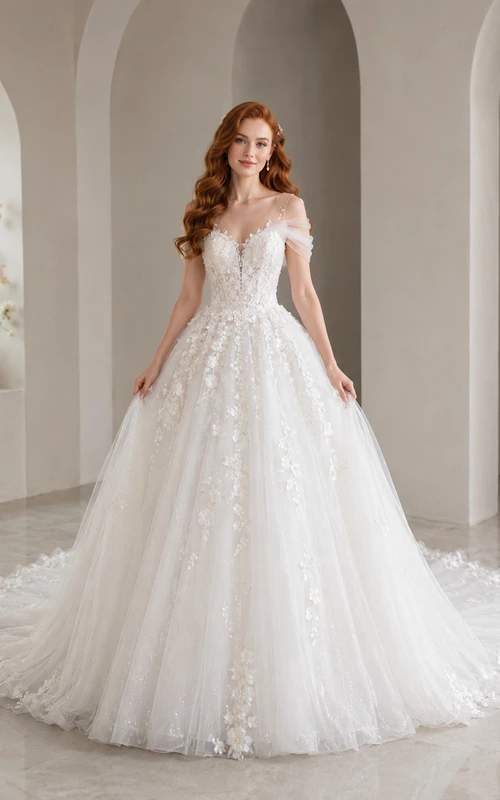 Lace Tulle Wedding Dress Ball Gown Off Shoulder Short Sleeve Sweep Train Bridal Gown
